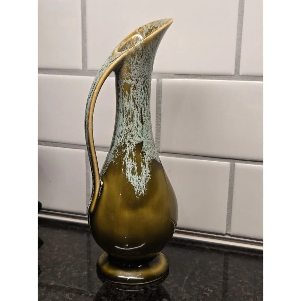 Vintage USA Drip Glaze Pottery Ewer Vase Olive Green Aqua MCM 9” Pitcher